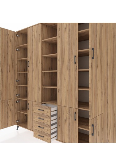 Kronos Dolap 17 Raflı 4 Çekmeceli 8 Kapaklı 220x59x243 Çam-çam/çam Atlas Çam/atlas Çam