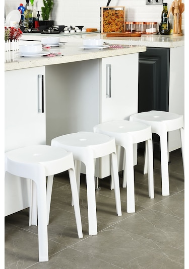 Kaymaz Ayaklı Dekoratif İç İçe Geçebilen Plastik Tabure Mutfak Bahçe Taburesi 4 Adet Beyaz Beyaz