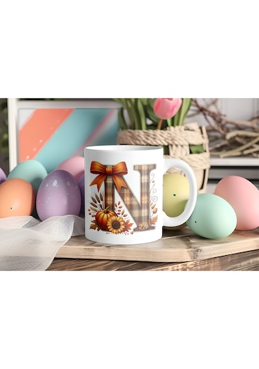 N Harfi Ekose Ve Sonbahar Temalı Kupa Bardak - Kişiye Özel Sıcak Tonlar Alfabe Kupa - Hediye Beyaz