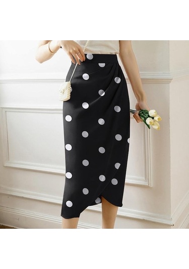 Fastbuy Siyah Puantiyeli Yüksek Bel Zayıflama Midi Etek - Zarif Ve Rahat Siyah