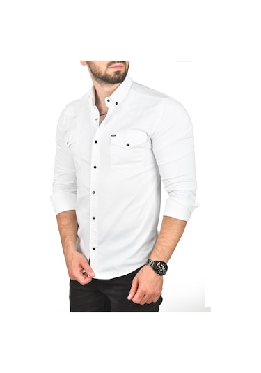 Deepsea Erkek Beyaz Slim Fit Pamuklu Cepli Kot Gömlek Çıtçıtlı Uzun Kollu Spor Gömlek 2502503 Beyaz