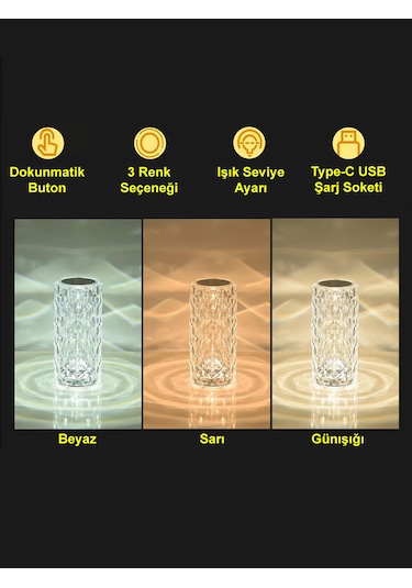 Greentech Dokunmatik 3 Renk Usb Kablolu Led Masa Lambası Gt-cl15 Kristal