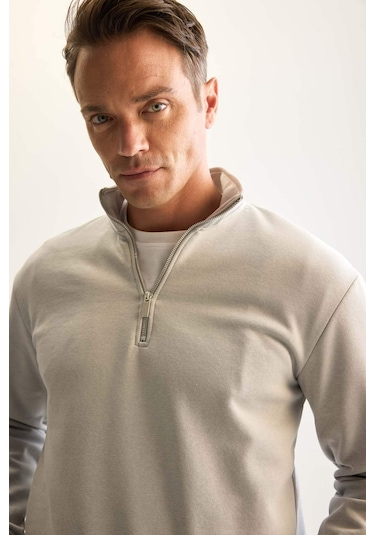 DeFacto Gri 3 İplik Pamuklu Şardonlu İçi Polarlı Comfort Regular Fit Rahat Kalıp Dik Yaka Fermuarlı Kalın Sweatshirt D9067AXNSGR253