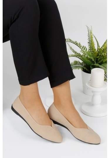 Krem Renk Bayan Süet Babet Ayakkabı Krem