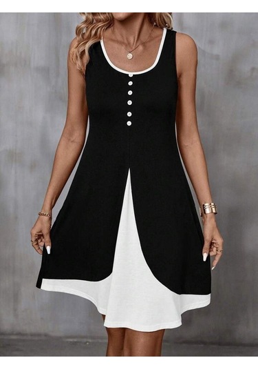 Kadın Askılı Yuvarlak Yaka Önden Düğmeli Çift Renkli Viskon Elbise Siyah