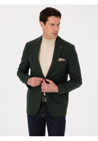 Cacharel Haki Slim Fit Yün Karışımlı Mikro Desenli Ceket Yesıl