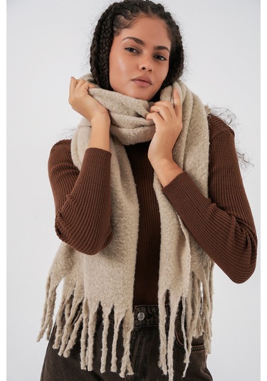 Kadın Yumuşak Dokulu Kalın Şal Atkı 15951 - A.bej Bej