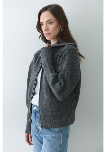 Antrasir Çift Fermuarlı Hırka - 251080 Antrasit