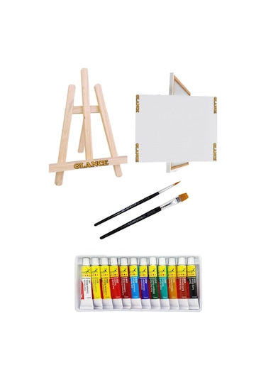 Glance Şövale Mini+tuval 25x35+ Academy Akrilik Boya Seti 12x12 Ml+fırça Set