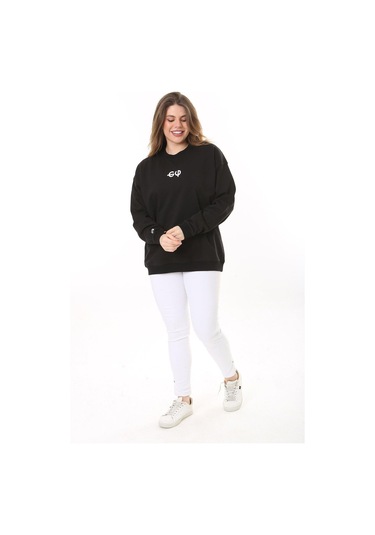 Kadın Büyük Beden Siyah Pamuk Kumaş Arka Baskılı Sweatshirt 65n37618-siyah Siyah