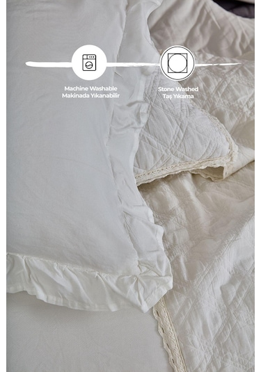 Evlen Home %100 Pamuk Çift Kişilik Özel Taş Yıkama Nevresimli Yatak Örtüsü Seti 7 Parça Yumuşak Barbara Beyaz