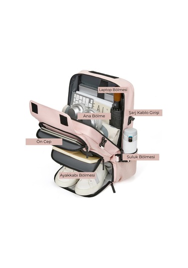 Ayakkabı Bölmeli Su Geçirmez Spor & Seyahat Sırt Çantası 30l 16 Laptop Bölmeli Pembe