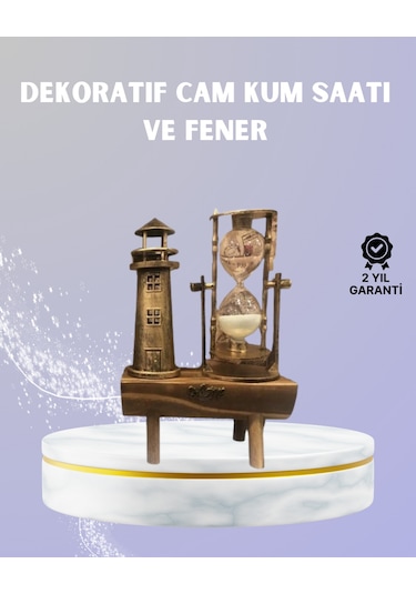 Ahşap Kum Saati Ve Deniz Feneri Figürü Bir Arada - Ev & Ofis Dekorasyonu Çok Renkli