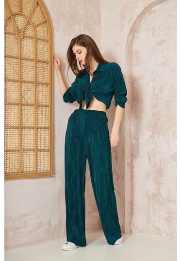Kadın Pliseli Beli Lastikli Pantolon Tunik Gömlek Ikili Bürümcük Salaş Takım 3573300 Petrol