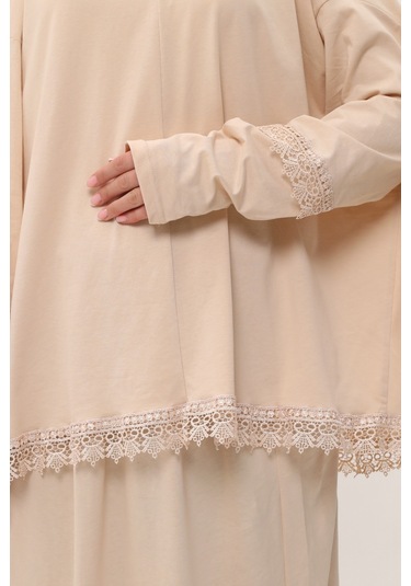 Bej İki Parça Namaz Elbisesi Pamuk Kumaş Dantelli 2205 12 Bej