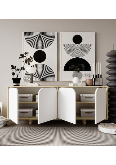 Lazio Bohem Ahşap Ayaklı Modern Konsol 180 Cm Safir Meşe-beyaz
