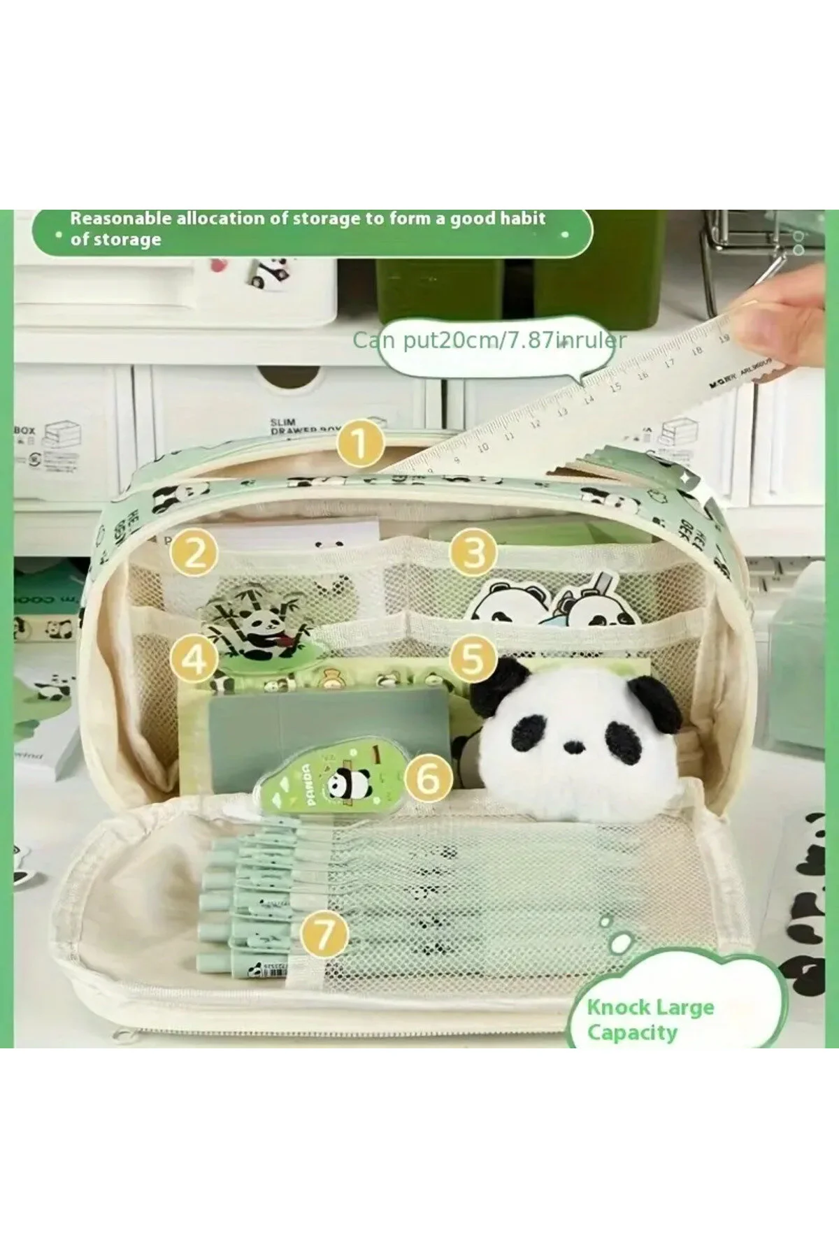 2025 Yeni - Panda Kalem Kutusu Peluş Bir Broş+ Bebek+5 Det Stickers+2 Klip Yeşil