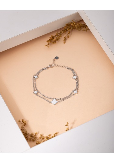 925 Ayar Rodyum Beyaz Mineli İki Sıralı Yonca Charm Gümüş Bileklik Gümüş - Rodyum