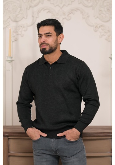 Woolen World Polo Yaka Düz Renk Yünlü Erkek Triko Kazak Antrasit