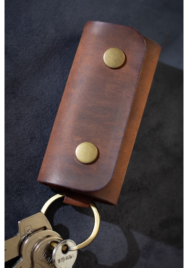 Kişiye İsme Özel İsimli Hakiki Deri Çıtçıtlı Anahtarlık Camel