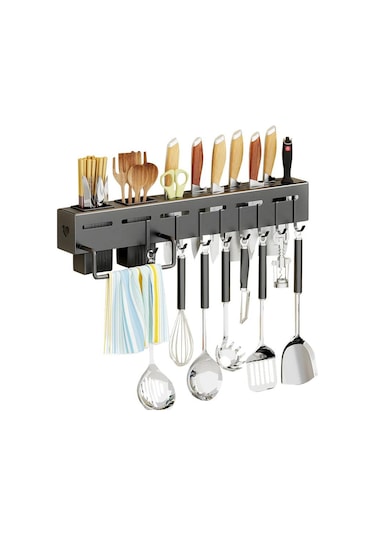 Siyah Duvara Monte Mutfak Rafı Çok Fonksiyonlu Paslanmaz Çelik Pişirme Gereçler Depolama Rafı Çatal Bıçak Tutucu Sofra Organizatör With Rod-40cm