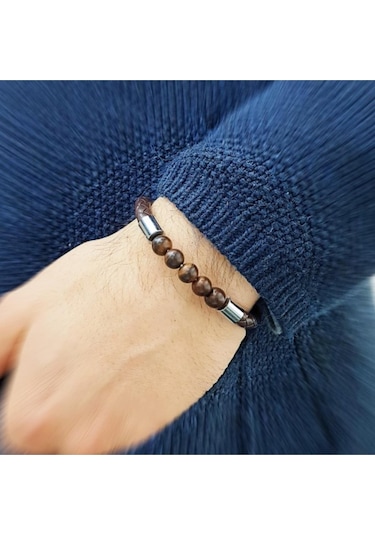 Brezza Lusso Jewelry Deri Mıknatıslı Ceviz Ağacı Erkek  Bileklik Beyaz