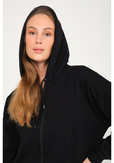 Harmandar Baskısız Unisex Siyah Cepli Kapüşonlu Fermuarlı Sweatshirt Hırka Siyah