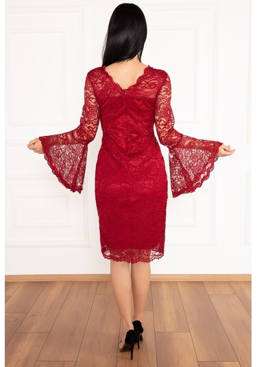 Kalopya Kol Volanlı Kısa Dantel Abiye Elbise 13034 Bordo