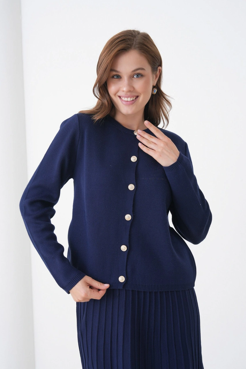 Kadın Pileli Etek Kazağı Düğmeli Tesettüre Uygun Örgü Triko Etekli Ceket Takım Lacivert