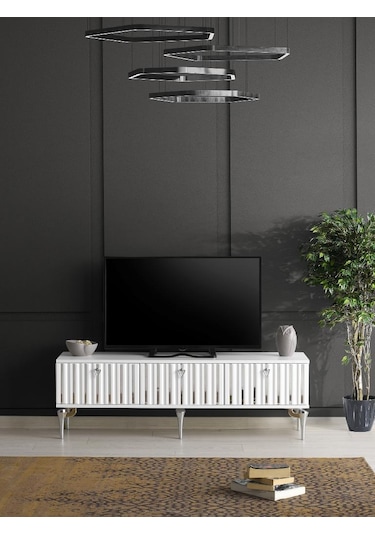 150 CM DUBAİ METAL AYAK-MDF MEBRAN KAPAK TV SEHPASI BEYAZ GÜMÜŞ