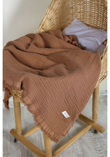 Müslin Püsküllü 4 Katlı Müslin Battaniye 90x120 Cm - Ze4katlı Kahverengi