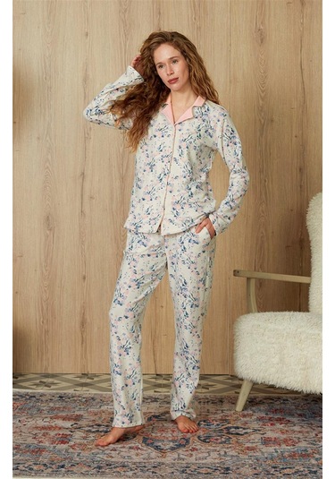 Doreanse Kadın Ekru Pembe Çiçek Desenli Gömlek Pijama Takımı 4234-standart Standart