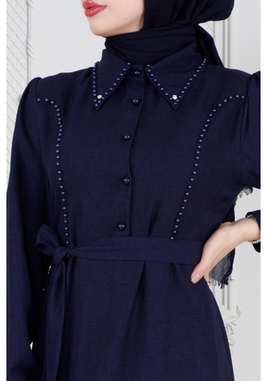 İnci Detaylı Kuşaklı Tesettür Elbise-lacivert-3585-lacivert Lacivert