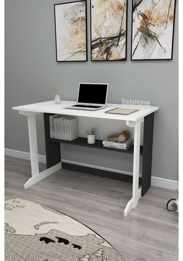 Enda Home Pillar Kütüphaneli Geniş Çalışma Masası 100x56 Cm Antrasit - Beyaz