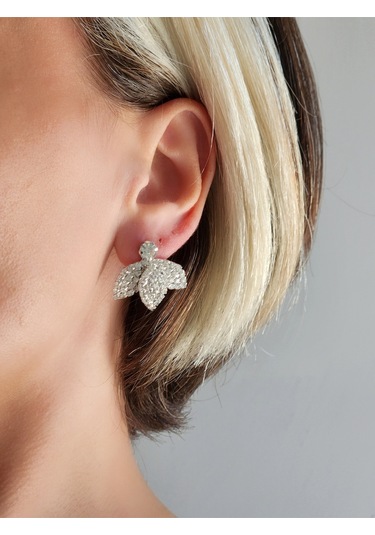 Kuş Çiçek Model Kristal Taşlı Küpe Gümüş