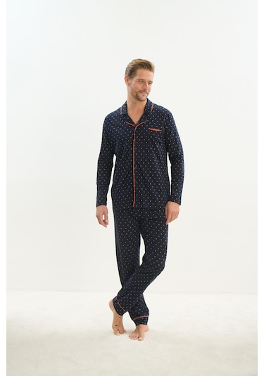 Erkek Uzun Kol Gömlek Yaka Önden Düğmeli Lacivert Pijama Takım C4t1n4o9 001