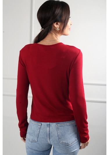By Saygı Kadın Buzzy Boydan Çıtçıtlı Likralı Bluz Bordo