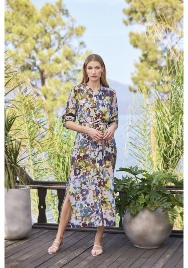 Monamise Kadın Desenli Ve Yırtmaçlı Önü Düğmeli Gömlek Yaka Elbise 25048 Mor