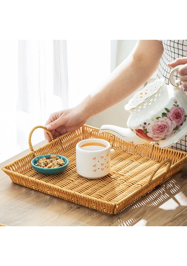 Porsima 709b Kare 3'lü Hasır Tepsi Dekoratif Sunum Servis Tepsisi