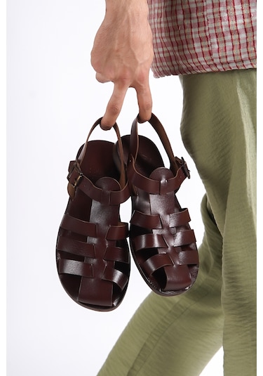 Sur Sandalet El Yapım Kösele Erkek Bodrum Sandalet Kahverengi