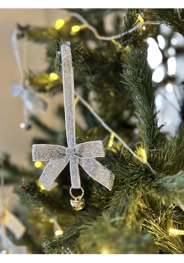 Yılbaşı Simli Gümüş Kadife Kurdeleli Zilli Zincir Lüks Noel Çam Ağacı Süsü 5 Adet-ykdf22