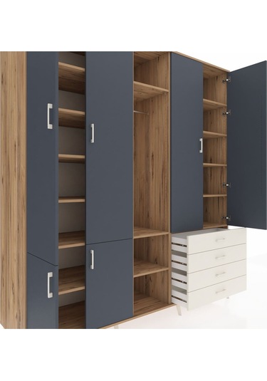 Kronos Dolap 14 Raflı 4 Çekmeceli Tek Askılı 220x59x243 Çam-antrasit/aytaşı Antrasıt/aytası