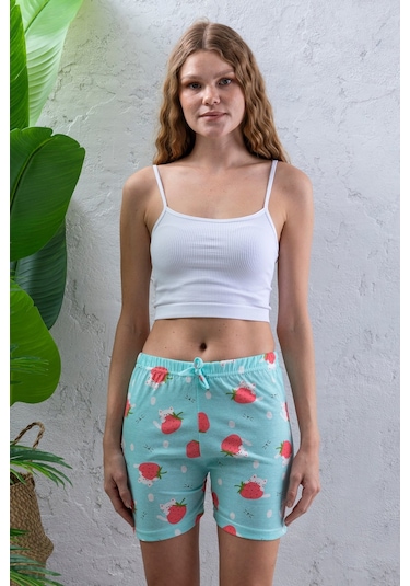 Giysa Kadın Beli Lastikli Desenli Şort Pijama Altı Turkuaz - 2027 Turkuaz