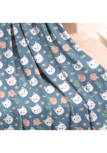 Cat Desenli 50x60 İnç Flanel Polar Battaniye, Yumuşak Ve Kalın, Tüm Mevsimler-a13 Cat Floral Blue