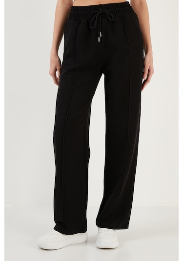 Lela Pamuk Ve Keten Karışımlı Yüksek Bel Rahat Kesim Bol Paça Spor Bayan Pantolon 5865022 Siyah