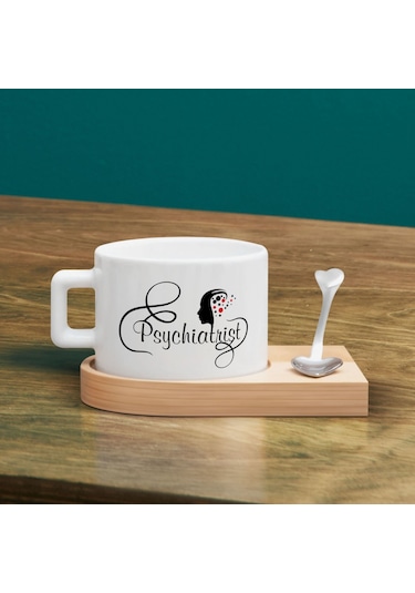 Bk Gift Kişiye Özel İsimli Psikiyatrist Tasarımlı-1, Ahşap Altlıklı Seramik Fincan, Meslek Hediyesi, Yeni İş Hediyesi Kobitmeyen137937 Bk Gift