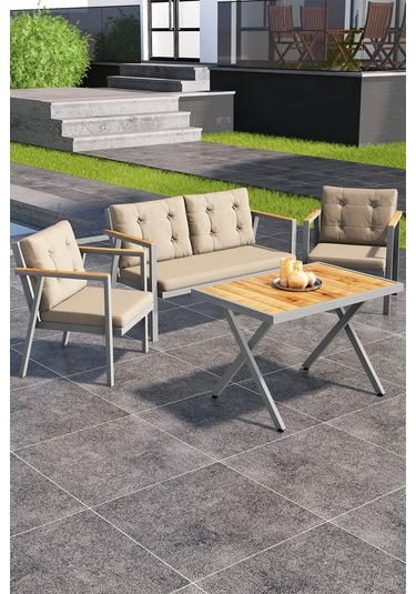 Sierra 2+1+1 Metal İskeletli Suya Dayanıklı Minderli Bahçe Balkon Mobilya Takımı Cappuccino