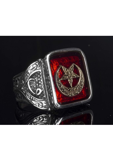 925 Ayar Gümüş Erkek Yüzük - Ay Ve Yıldız İle Oluşturulmuş Granat Taşı Gümüş