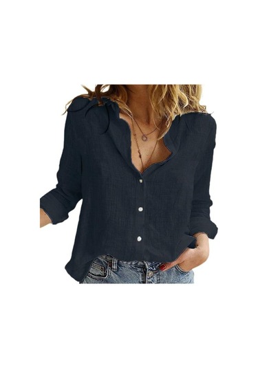 Siyah Büyük Beden Renkli Tek Sıra Düğmeli Yaz Katı Zarif Bol Kesim Gömlek Siyah