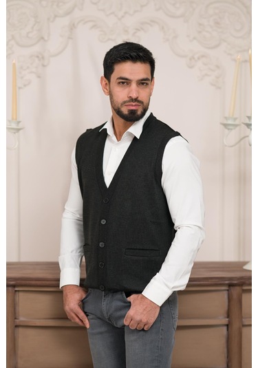 Woolen World Regular Fit Ön Cepli Kolsuz Erkek Triko Yelek Antrasit